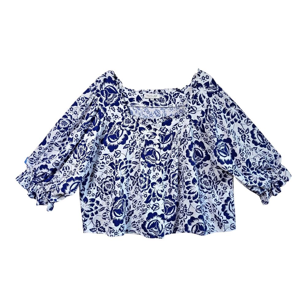RACHEL ZOE Women's XL Peasant Blouse Linen Blend Floral Square Neck Milkmaid 44"